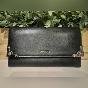 Nine West Black Fold-Over Leather Wallet with Silver Accents